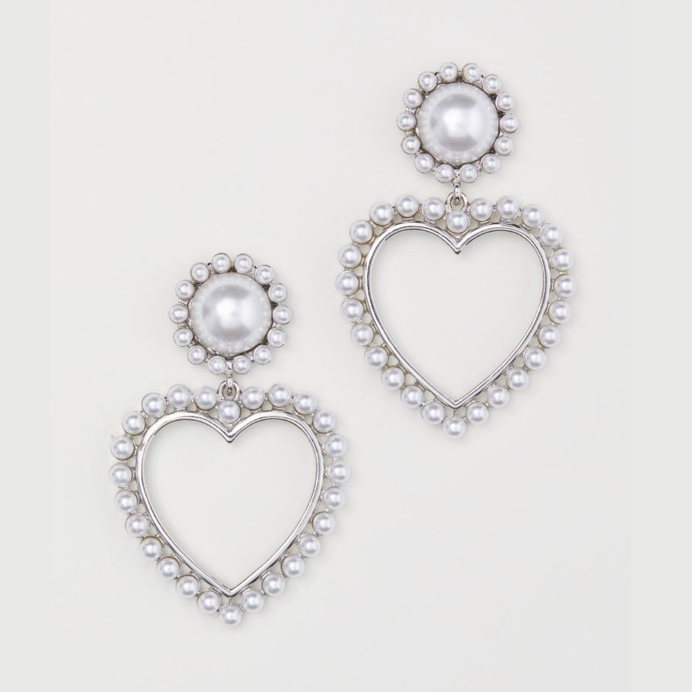 H&M Silver & White Pearl Heart Shaped Drop Dangle Large Medium Pretty Earrings - Picture 2 of 16